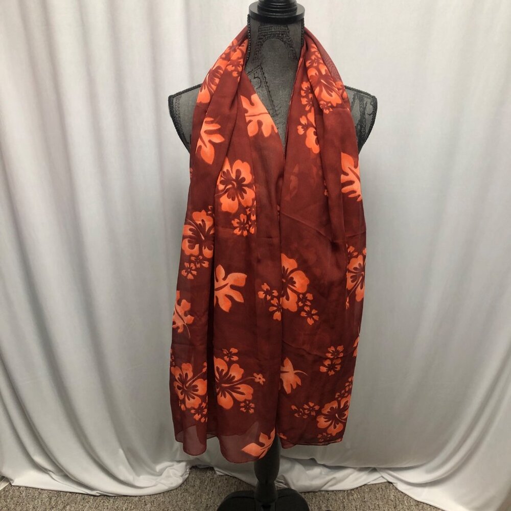 Rima Floral Print Sheer Maroon Orange Scarf Wrap Riviera Maya Mexico Beachwear